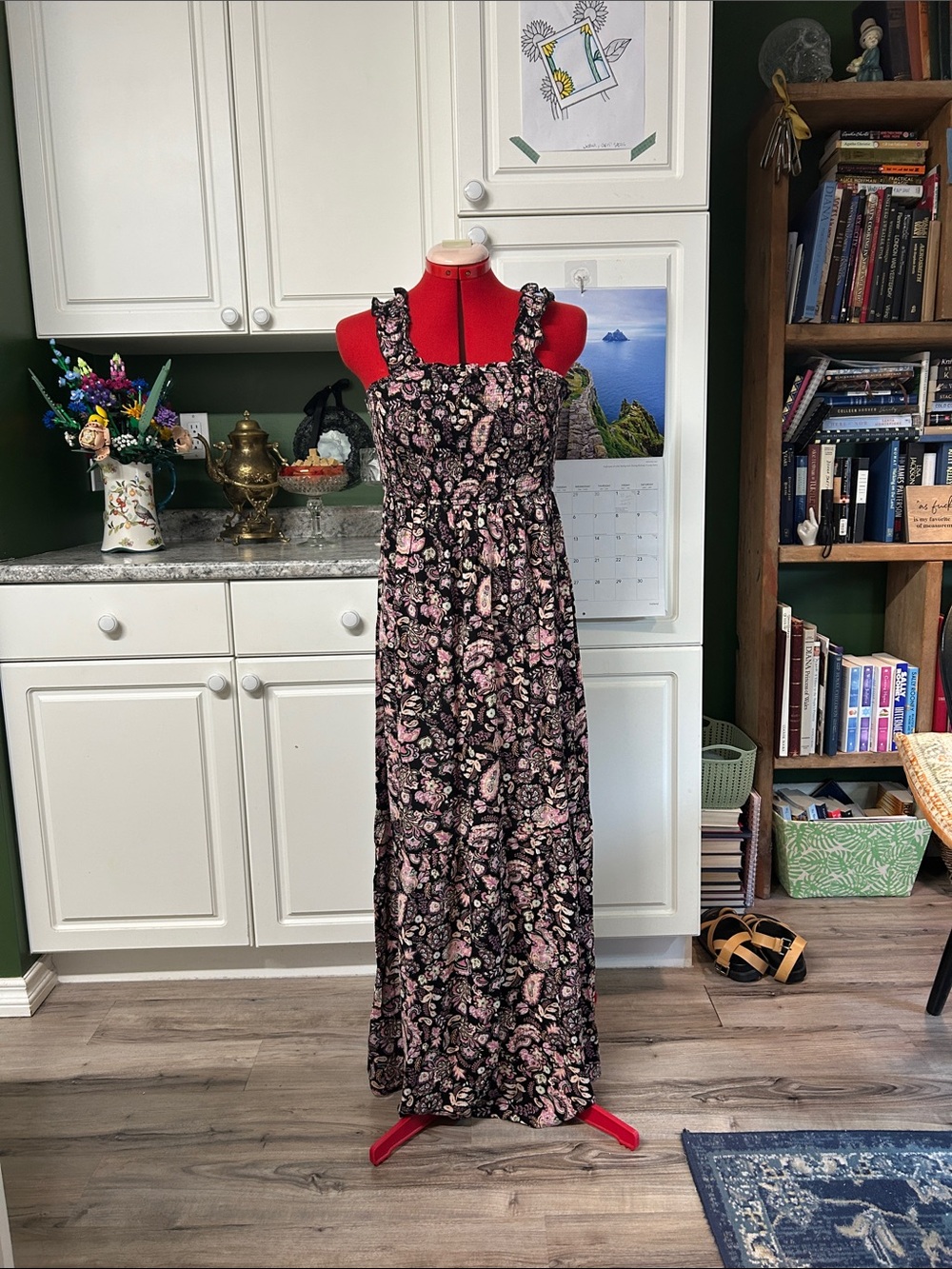 Smocked Maxi Dress with Pink Floral Print on Black
